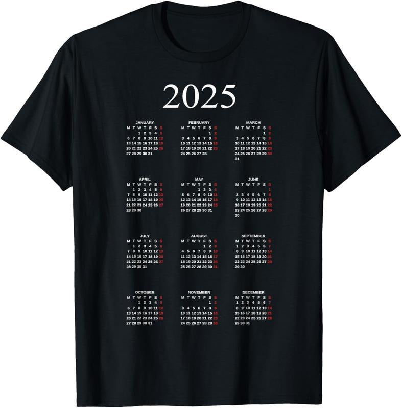 100% Cotton Tshirt Graphic of Year 2025 Calendar With Holidays in Red T-Shirt Hoodie, Sweatshirt | HypeCrazeTee.com