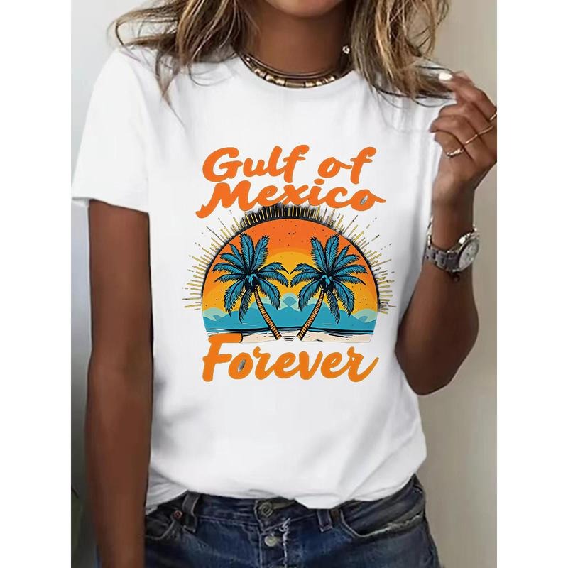 100% Cotton Unisex Short-Sleeve T-Shirt - "Gulf of Mexico Forever" Tropical Graphic Print, High Elasticity Casual Round...