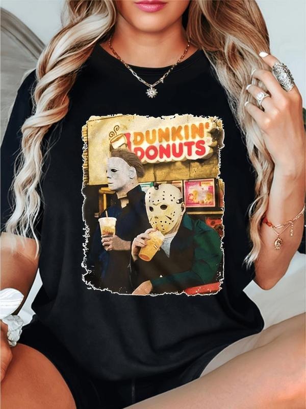 100% Cotton Vintage Horror Cartoon Character Halloween Print T-Shirt For Women Stylish Short Sleeve Comfortable Casual...