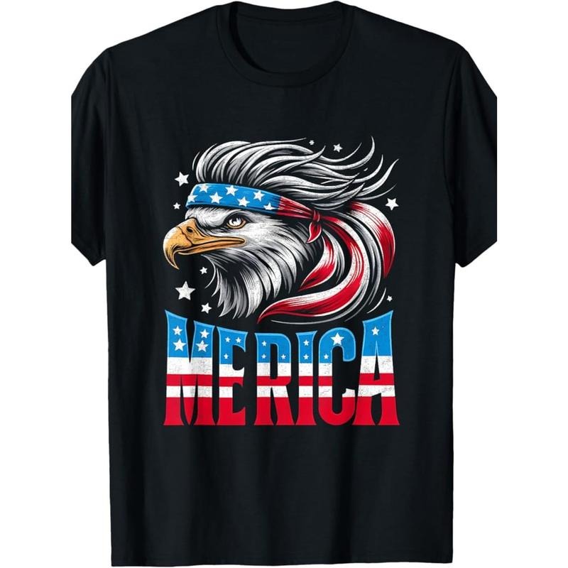 100% Made in USA Patriotic T-Shirt for Men - Vintage American Flag & Bald Eagle Design, 180g Cotton, Short Sleeve, Round Neck