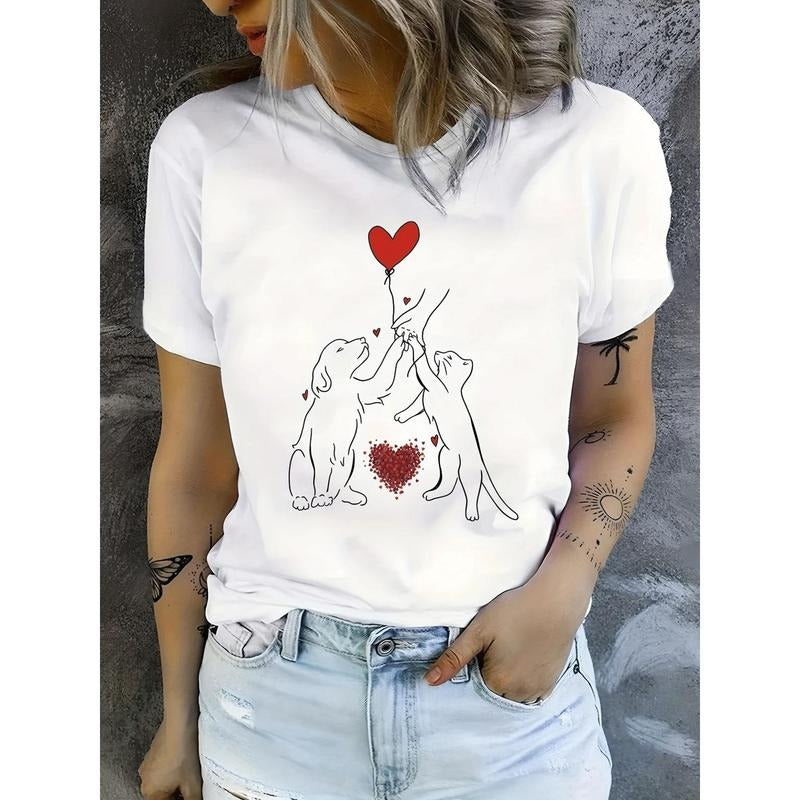 100% Pure, Dog And Cat Pattern Printed Round Neck Short Sleeved Women'S T-Shirt, Cool, Breathable And Comfortable T-Shirt...