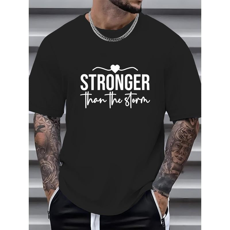 100% cotton T-shirt, STRONGER Print Men's Casual Crew Neck T-Shirt, Fashionable Short Sleeve Tees, Comfort Fit Top,...