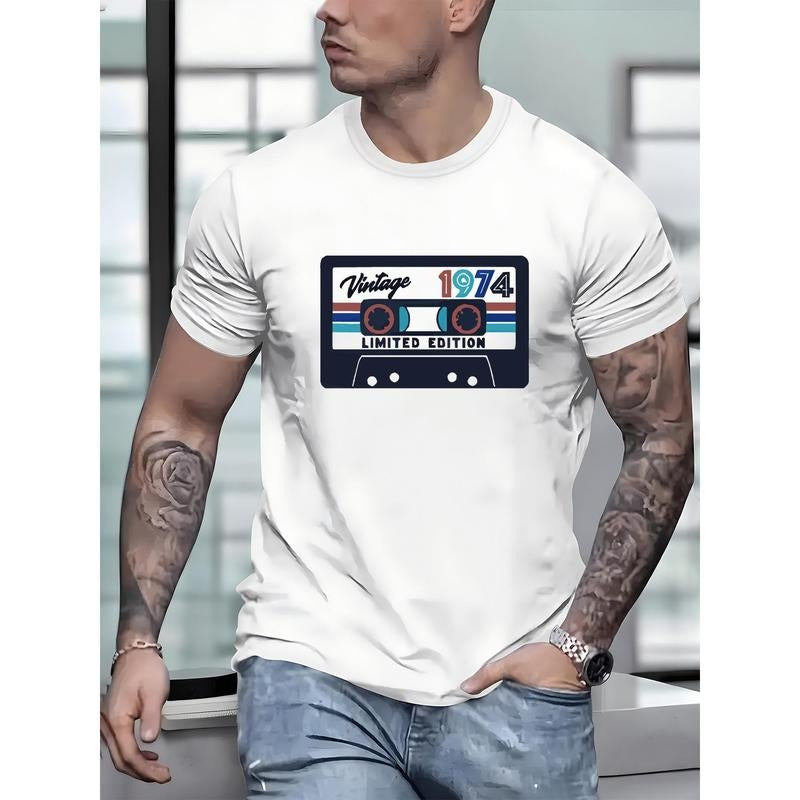 100% cotton T-shirt, Vintage 1974 Limited Edition Record Print, Men's Round Crew Neck Short Sleeve, Simple Style Tee...