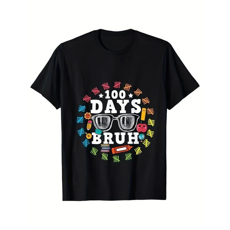 100 Days of School Celebration T-Shirt, Cotton Crew Neck Tee, Breathable & Moisture-Wicking, Casual Streetwear with...