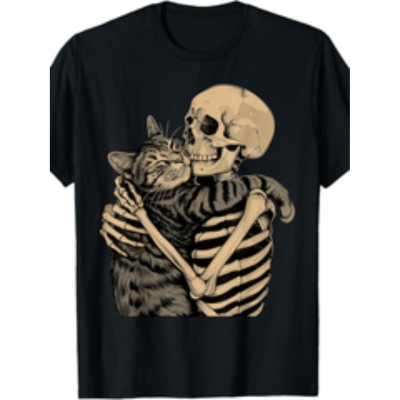1Pc Mens Skeleton Hugging Cat Graphic T Shirt 180G Cotton Crew Neck Tee Casual Printed Top With   Stretch   Cat Lovers...