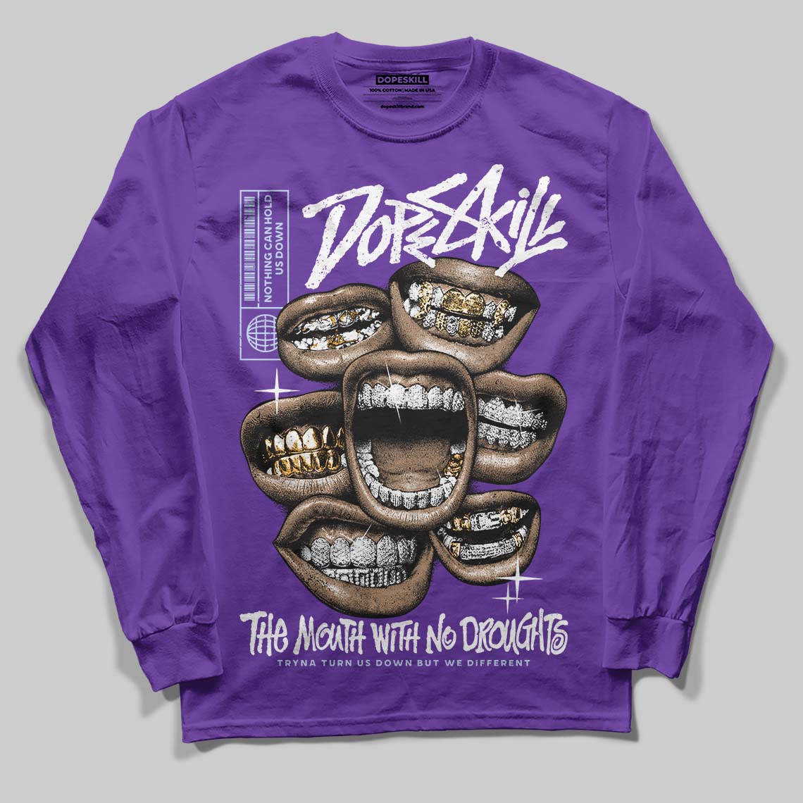 Grape 5s DopeSkill Long Sleeve T-Shirt The Mouth With No Droughts Graphic