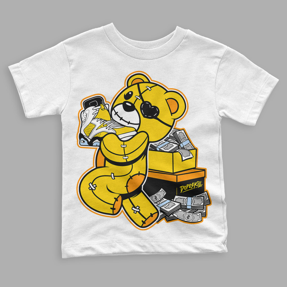 Yellow Ochre 6s DopeSkill Toddler Kids T-shirt Bear Steals Sneaker Graphic