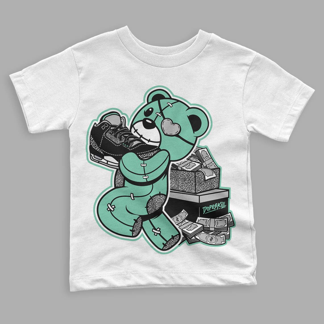 Green Glow 3s DopeSkill Toddler Kids T-shirt Bear Steals Sneaker Graphic