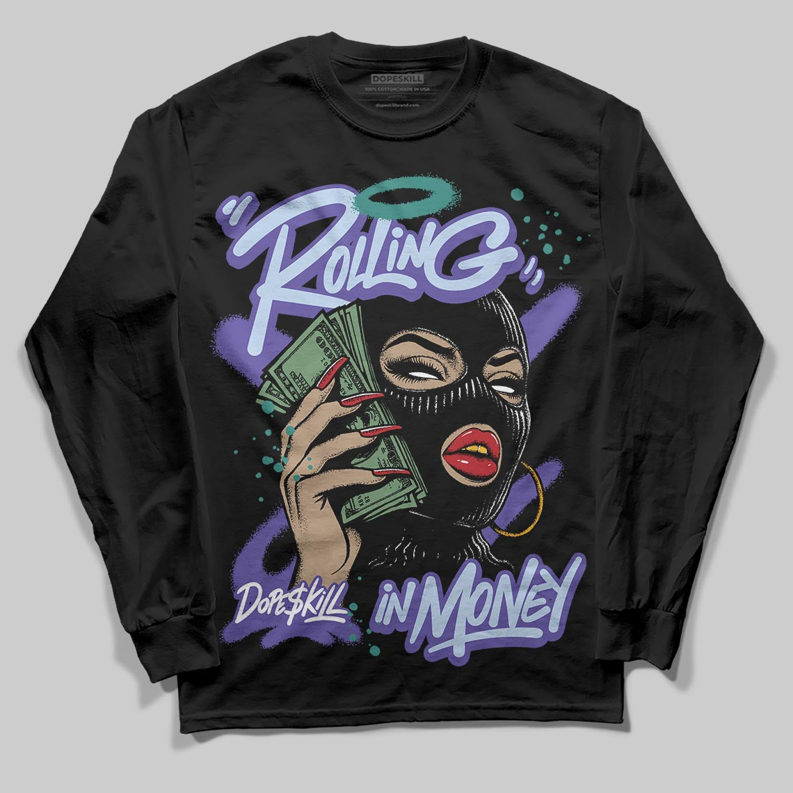 Grape 5s DopeSkill Long Sleeve T-Shirt Rolling in Money Graphic