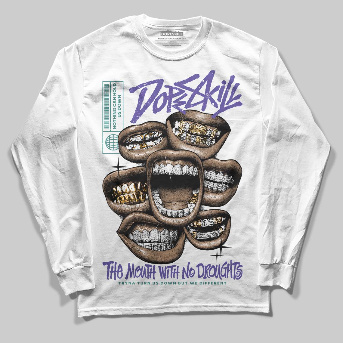 Grape 5s DopeSkill Long Sleeve T-Shirt The Mouth With No Droughts Graphic