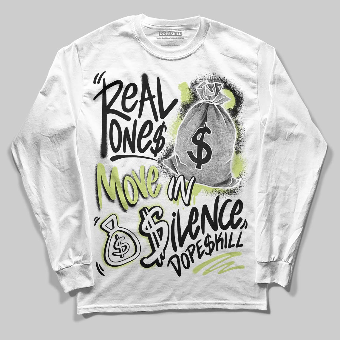 Luminous Green 5s DopeSkill Long Sleeve T-Shirt Real Ones Move In Silence Graphic