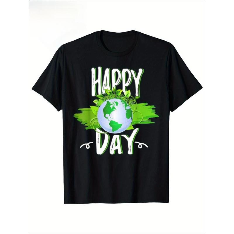 1pc Happy Earth Day Graphic T-Shirt for Men, Women & Kids - Black Casual Crew Neck Tee with Vibrant Green Planet Design,...