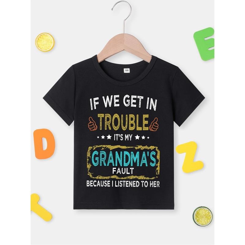 1pc Kids' Cotton T-Shirt with "If We Get in Trouble, It'S My Grandma'S Fault" Quote - Casual Crew Neck Short Sleeve Top...