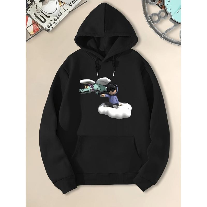 1pc Men'S Cartoon Print Hoodie - Casual Polyester Sports Sweatshirt with Hood, Slight Stretch Knit Fabric, Loose Fit for...