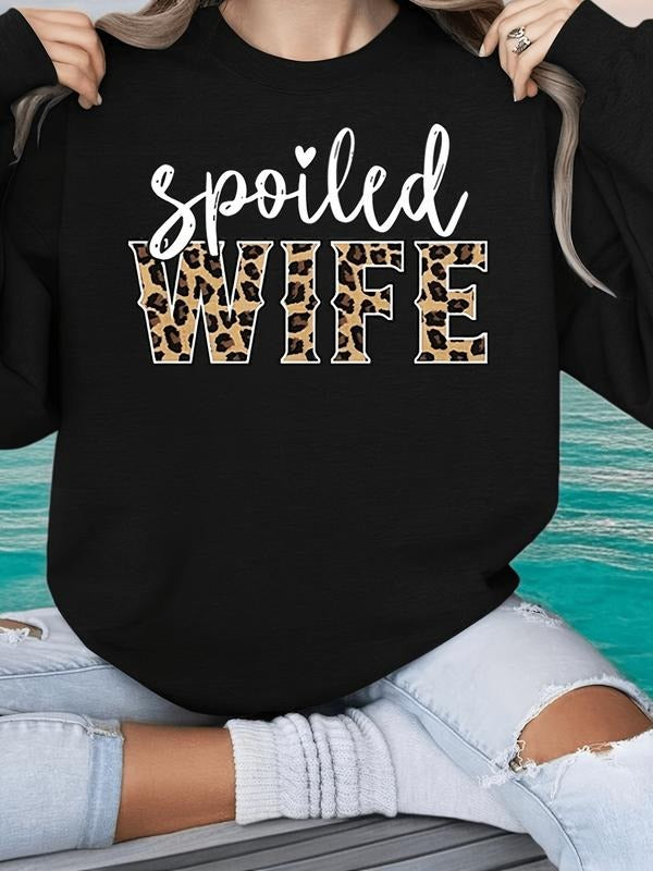 1pc Men'S Plus Size Casual French Terry Crew Neck Sweatshirt with "Spoiled Wife" Print, Slight Stretch Knit Fabric...