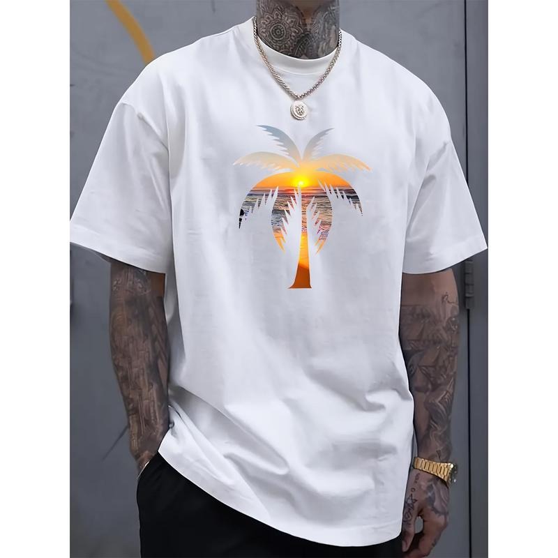 1pc Men'S Summer Casual Cotton T-Shirt with Sunset Coconut Tree Print, Crew Neck, Short Sleeve, Slight Stretch, Regular...