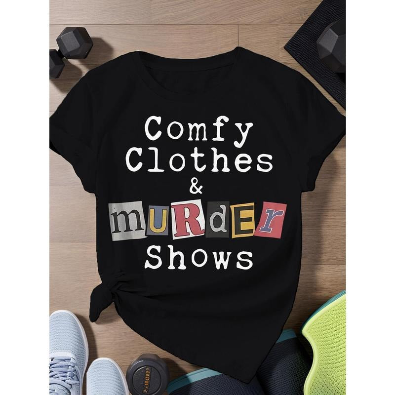 1pc T-shirt suitable for men and women, 2025 Round Neck T-Shirt with Quirky "Comfortable Clothes and Murder Show" Mixed...