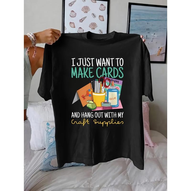 1pc Women'S Casual Crew Neck T-Shirt with Handmade Card Making Print, 100% Polyester Knit Fabric, Regular Length, All...