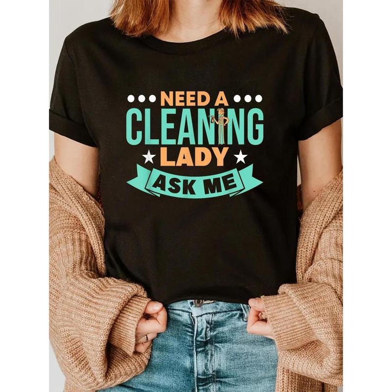 1pc Women's Casual Short Sleeve T-Shirt - "Need a Cleaning Lady Ask Me" Graphic Tee, Round Neck, Regular Fit, Machine...