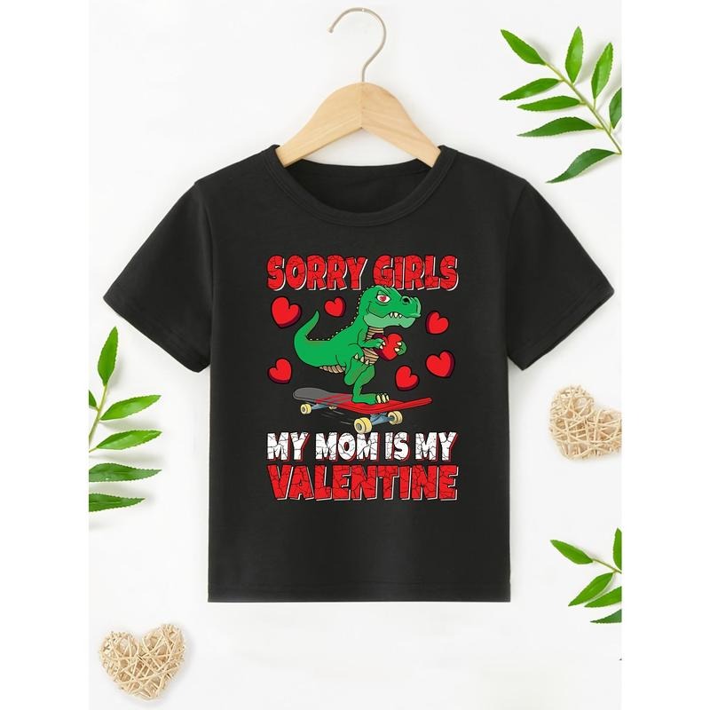 1pc Youngsters' Valentine's Day T-Shirt - Cute Dinosaur Skateboarding Graphic, "Sorry Girls, My Mom Is My Lover" Print,...