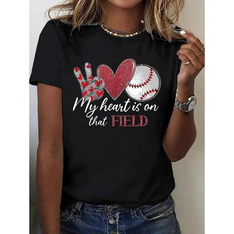 1pc, 100% Pure, Baseball Pattern Printed T-Shirt, Seasonal Casual Women'S T-Shirt, Round Neck Pure Short Sleeved T-Shirt,...