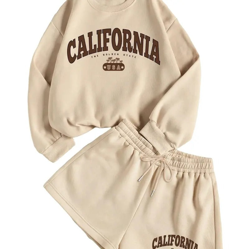 2 Piece Outfits Letter Printed Drop Shoulder Long Sleeve Sweatshirt and Shorts Sets T-Shirts, Hoodie | HypeCrazeTee.com