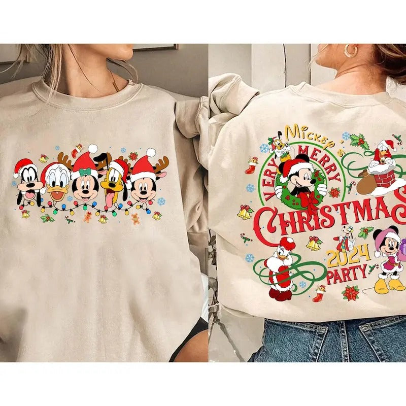 2-Sided Very Merry Christmas Party 2024 Sweatshirt Tshirt, Santa Mouse And Friends Group Christmas Lights Shirt Hoodie