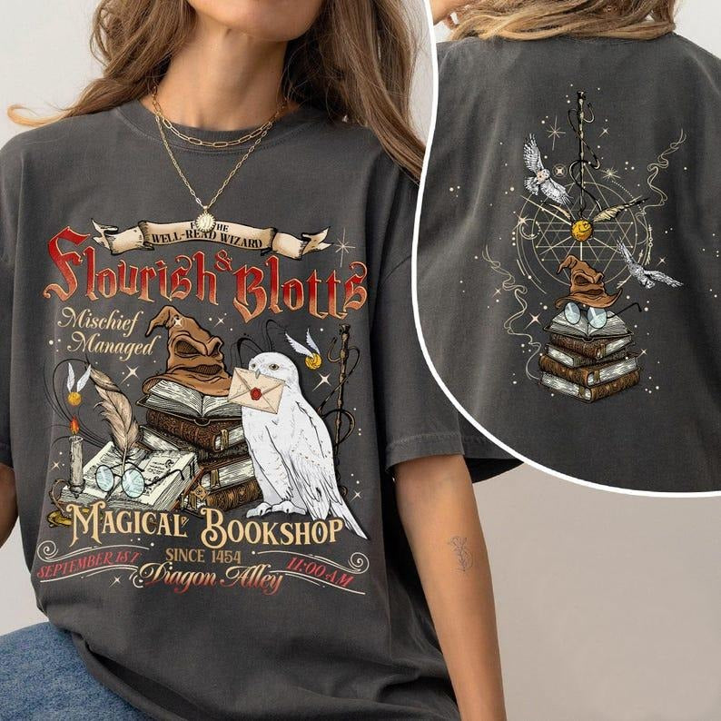 2 Slides Flourish Blotts Wizard Book Shop Shirt Wizard Shop Broomstick Wizard Shirt HP Fan Potterhead Shirt T-Shirts, Hoodie, Sweatshirt