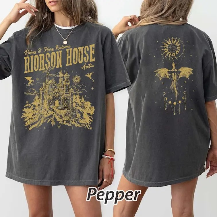 2 slides, Xaden Riorson House Tee, Iron Flame t-Shirt, Fourth Wing Merch, Violet Sorrengail Silver One Basgiath War...