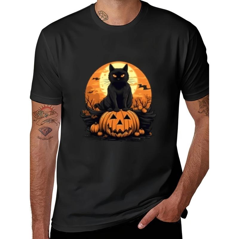 2024 new Black Cat pumpkin short sleeve cotton T-shirt for Halloween Made in USA Hoodie, Sweatshirt | HypeCrazeTee.com