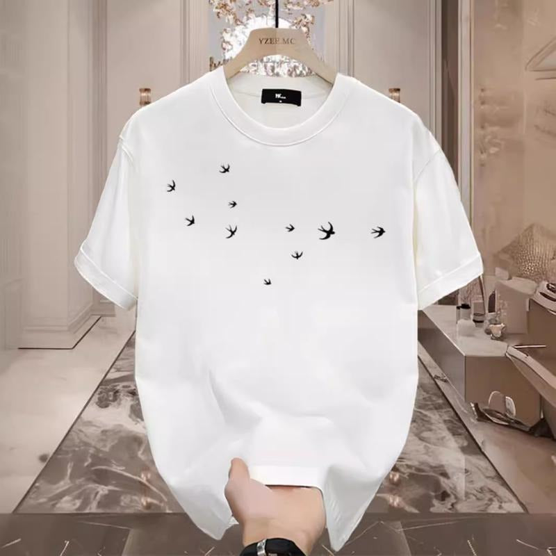 2025 Short Sleeve Pure Cotton T-Shirt Versatile Casual Loose Fit Printed Men's Round Neck Top Short Sleeve Base Shirt...