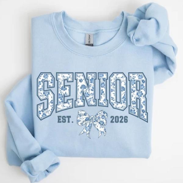 2026 Senior Sweatshirt, Floral Senior Blue Bow 2026 Senior Coquette Shirt Toile De Jouy, Back to School Sweatshirt Hoodie