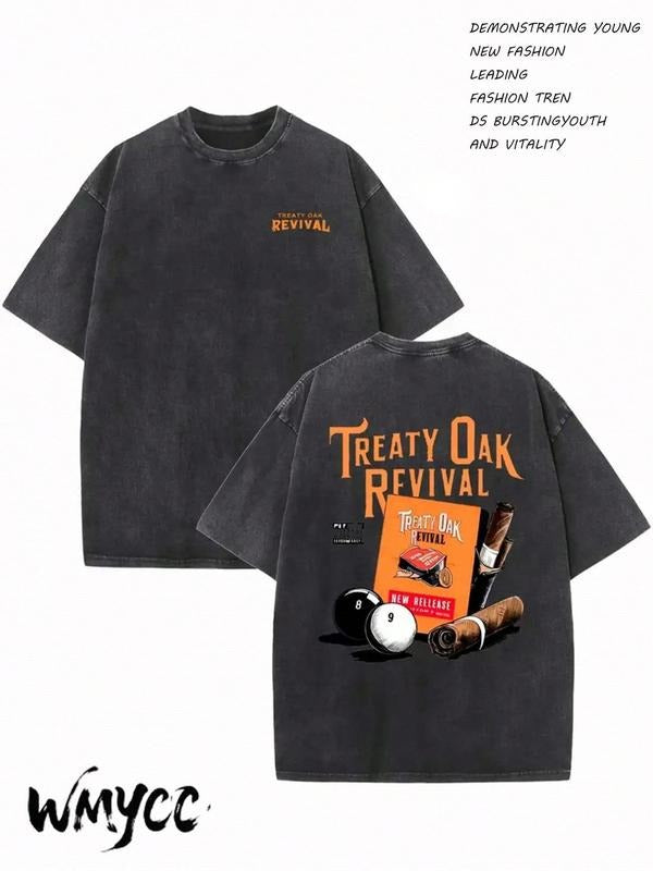 230G Washed Pure Cotton T-Shirt, Men'S Casual Fashion, With Black Background Orange 'Treaty Oak Revival' Text And Pattern...