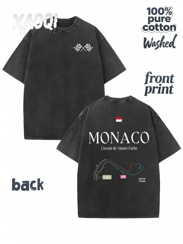 230G Washed Pure Cotton T-Shirt, Men'S Casual Fashion, With Dark 'Monaco Circuit De Monte Carlo' Racing - Themed Print,...