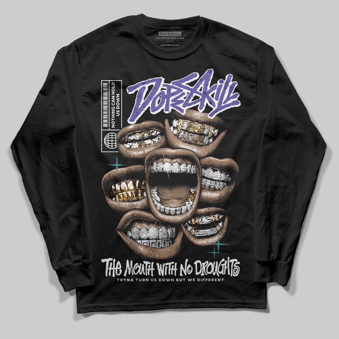 Grape 5s DopeSkill Long Sleeve T-Shirt The Mouth With No Droughts Graphic