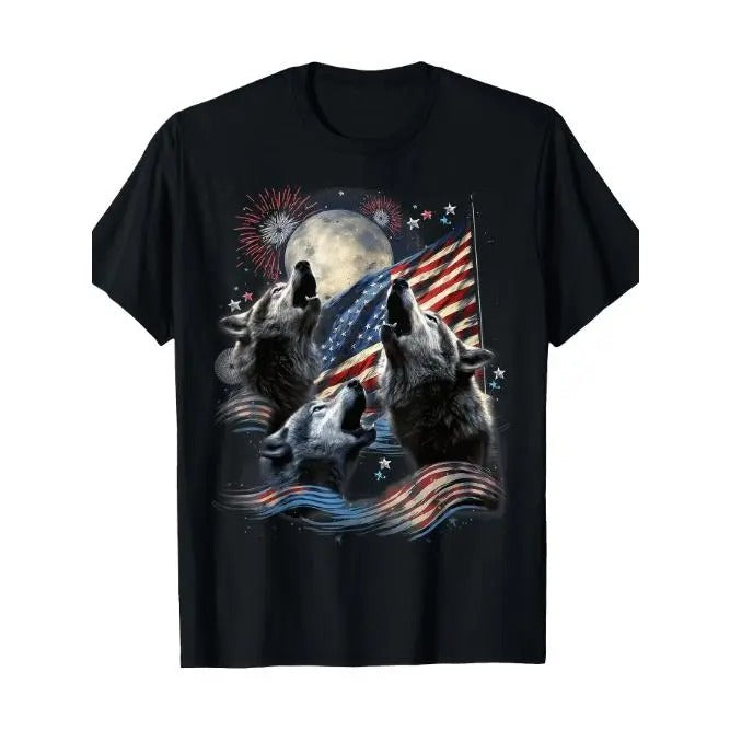 3 Wolf Moon Howling Wolf American Flag Howling America T-Shirt- 100% Pure Cotton 220g Made in USA Hoodie, Sweatshirt