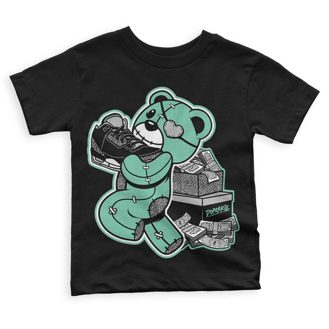 Green Glow 3s DopeSkill Toddler Kids T-shirt Bear Steals Sneaker Graphic