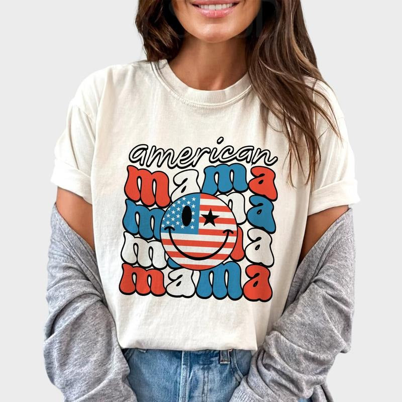 4th Of July American Mama Shirt, Retro Smiling Face Shirt, Groovy Mama Tee, US Flag Smile Face Tee, Patriotic USA Tshirt...
