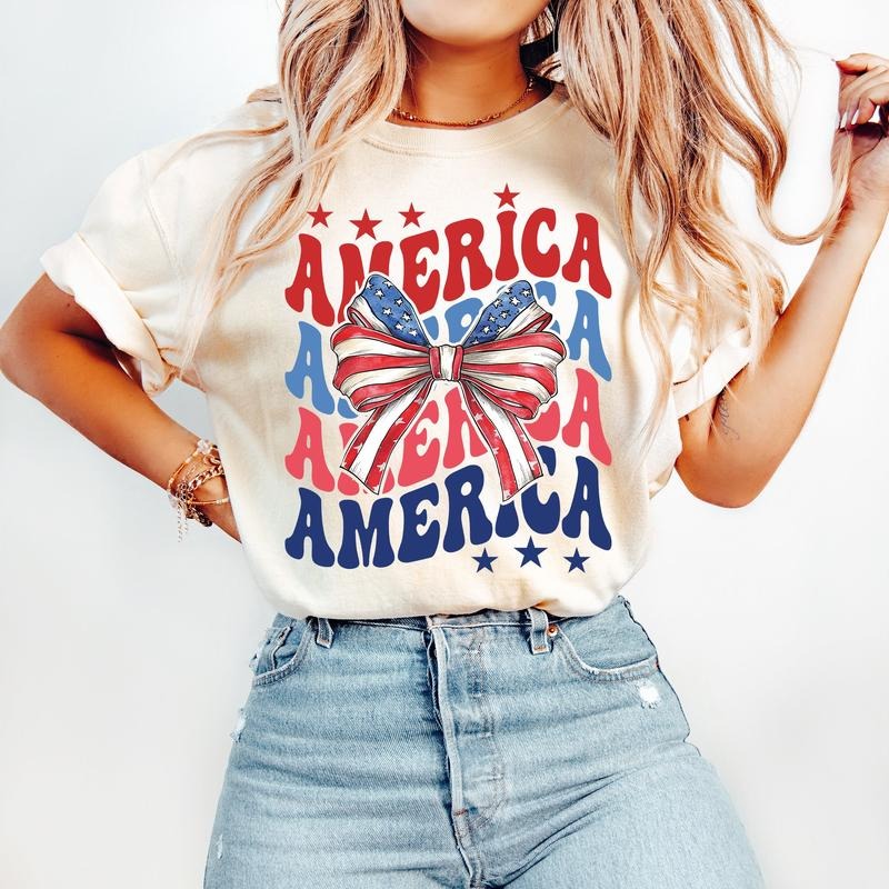 4th Of July Tshirt, America Flag Bow Shirt, Independence Day Women Tee, 4th Fourth Of July, America Girl Shirt, Unisex...