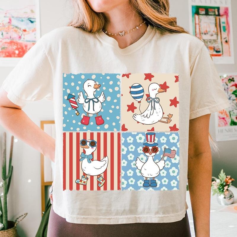 4th of July Patriotic Goose Cute Shirt, America Coquette Bow Memorial Day Tee, Funny USA Checkered Goose Design Shirt...