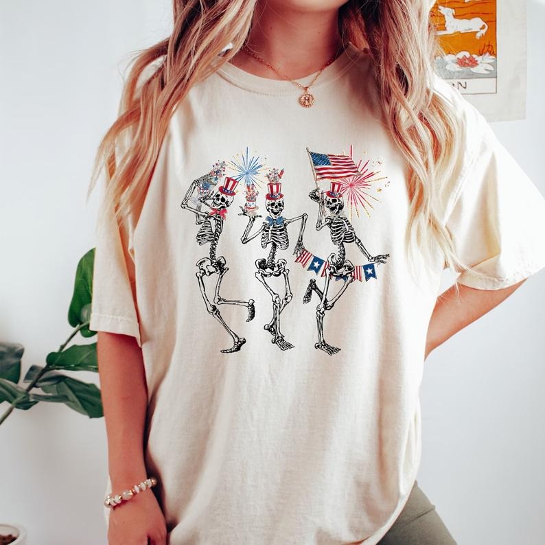 4th of July Skellies Tshirt, 4th of July Shirts, Dancing Skeleton Tee, American Flag,4th of July, Stars and Stripes Tee,...