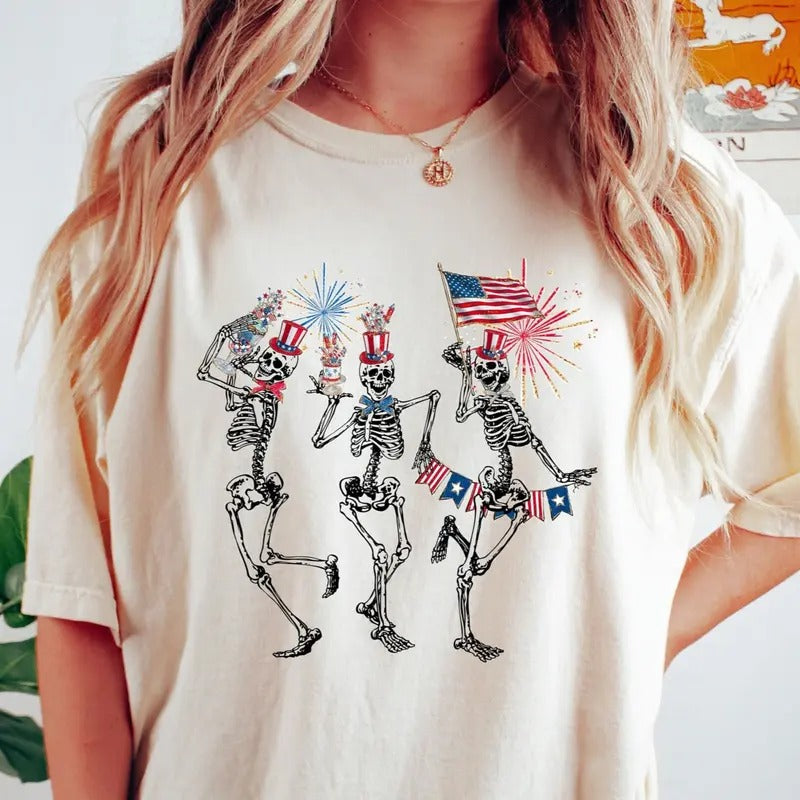 4th July Skellies 4th July Shirts Dancing Skeleton Shirt American Flag Shirt 4th July Stars Stripes Shirt Red White Blue Cotton Fabric T-Shirts, Hoodie, Sweatshirt