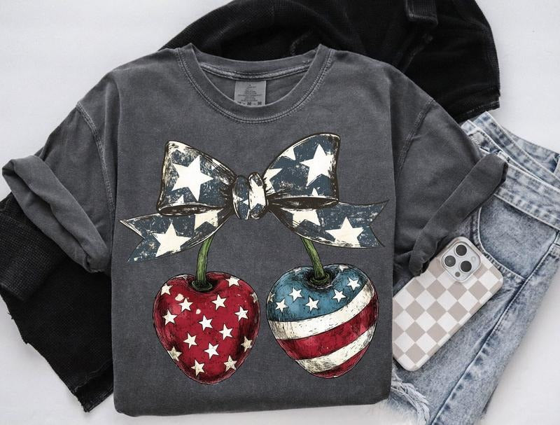 4th of july Cherry tee, Trendy 4th of july tshirt, Red and blue Bow, 4th of july tee, Retro Usa Fourth Of July tshirt,...