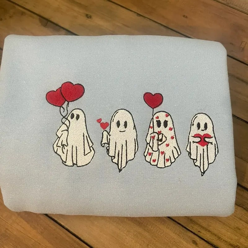 4valentines ghost embroidered sweatshirt or tshirt, cute sweatshirts, Valentine's Day shirts. Cotton Unisex Womenswear...