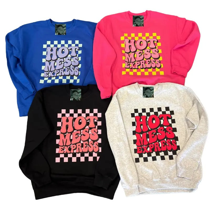 Hot Mess Express Collection- Crewneck Sweatshirt- Plus Size options- 50/50 Poly Cotton Blend T-Shirts, Hoodie