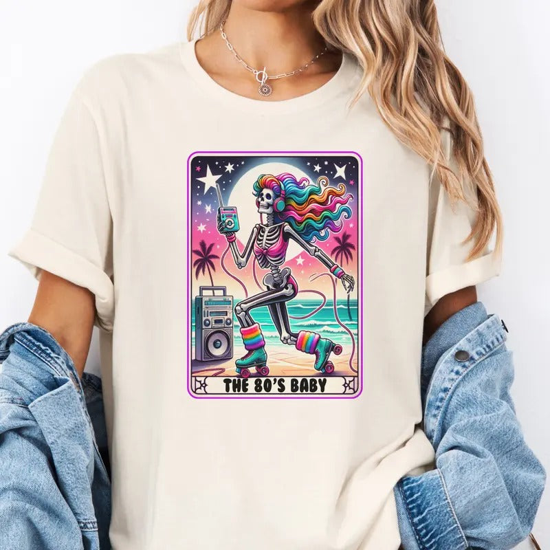 80's Baby Tarot Card Tee 80's Baby Skull Tarot Tshirt Rollerskating Retro Skull Tee Hoodie, Sweatshirt | HypeCrazeTee.com