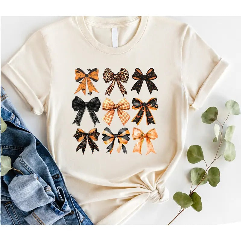 # 840 -  Orange Black Coquette Bows Halloween - Print Unisex Crew neck Tee T-shirt Top Womenswear Hoodie, Sweatshirt