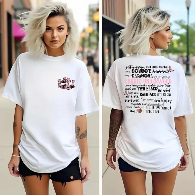 90s Country Music Lover, Carriiee Underw00d 2 Sides Tee, Cowgirl Boots, Country Shirt For Her, Unisex Short Sleeve Tee...