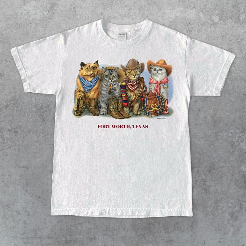 90s Prints Of Tails Cowboy Western Cats Graphic Tee Short Sleeve Unisex T-Shirt Hoodie, Sweatshirt | HypeCrazeTee.com