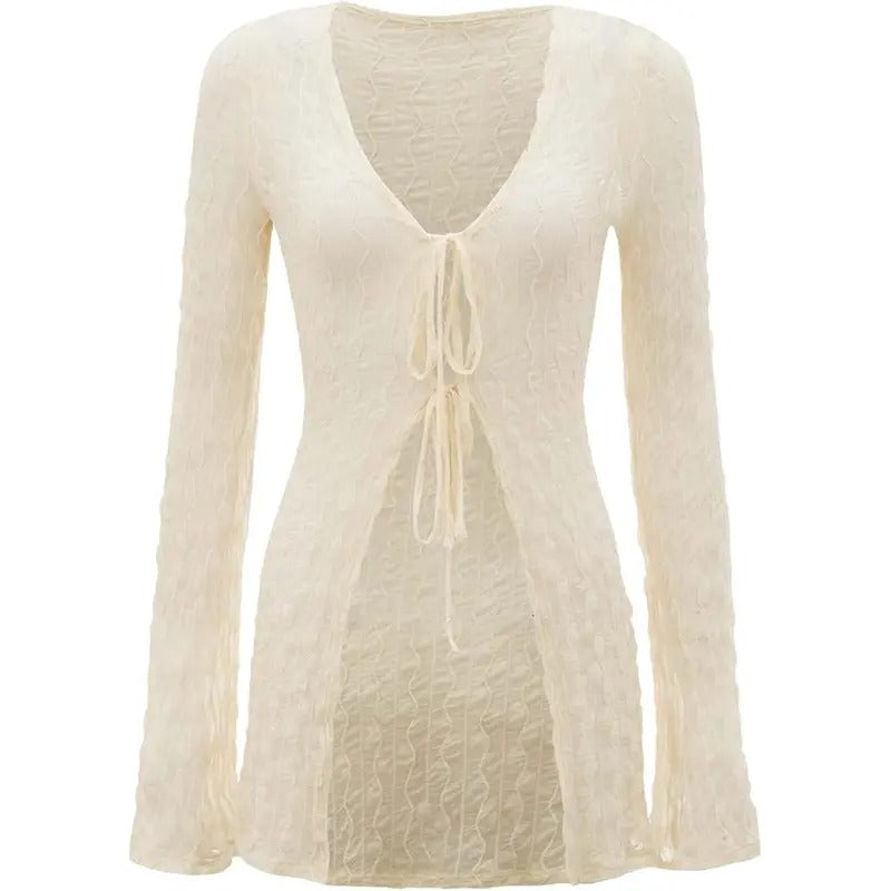 90s Top Bell Long Sleeve Tie Front Textured Sheer T-Shirt CardiganY2K Hoodie, Sweatshirt | HypeCrazeTee.com